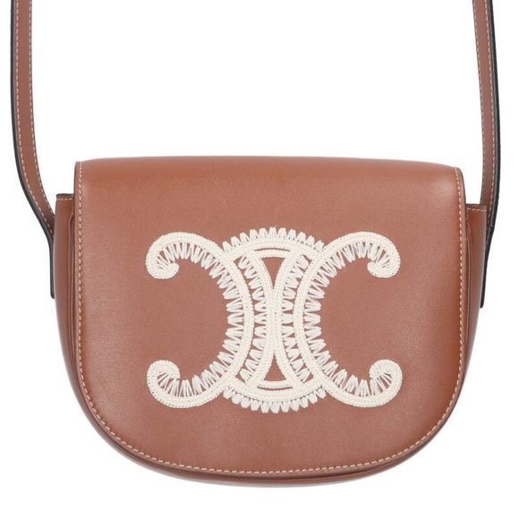 Celine Bag Brown Folco Cuir Shoulder Triomphe Embroidered Leather - Picture 2 of 5